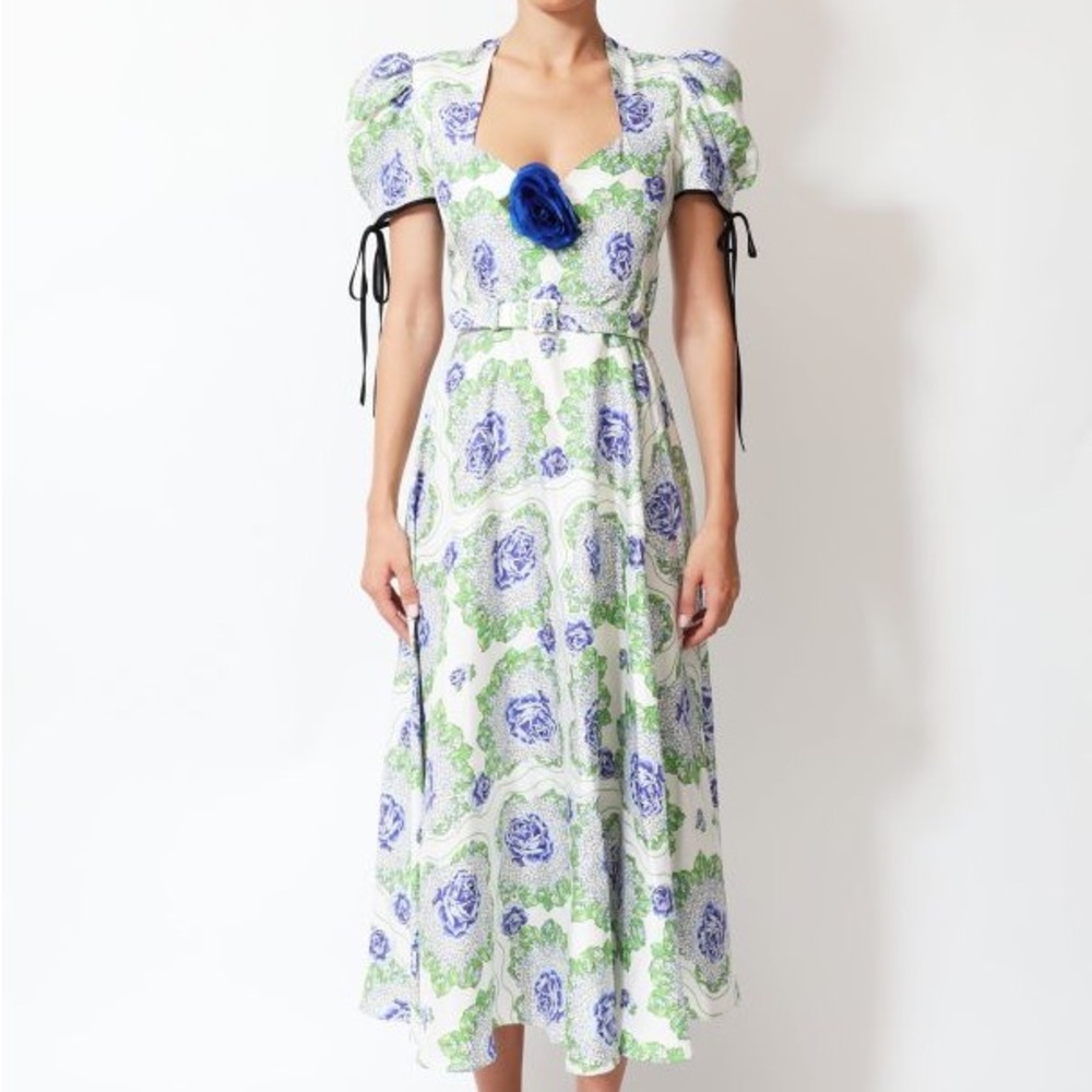 Rodarte Floral Print Midi Dress with Blue and Green Accents